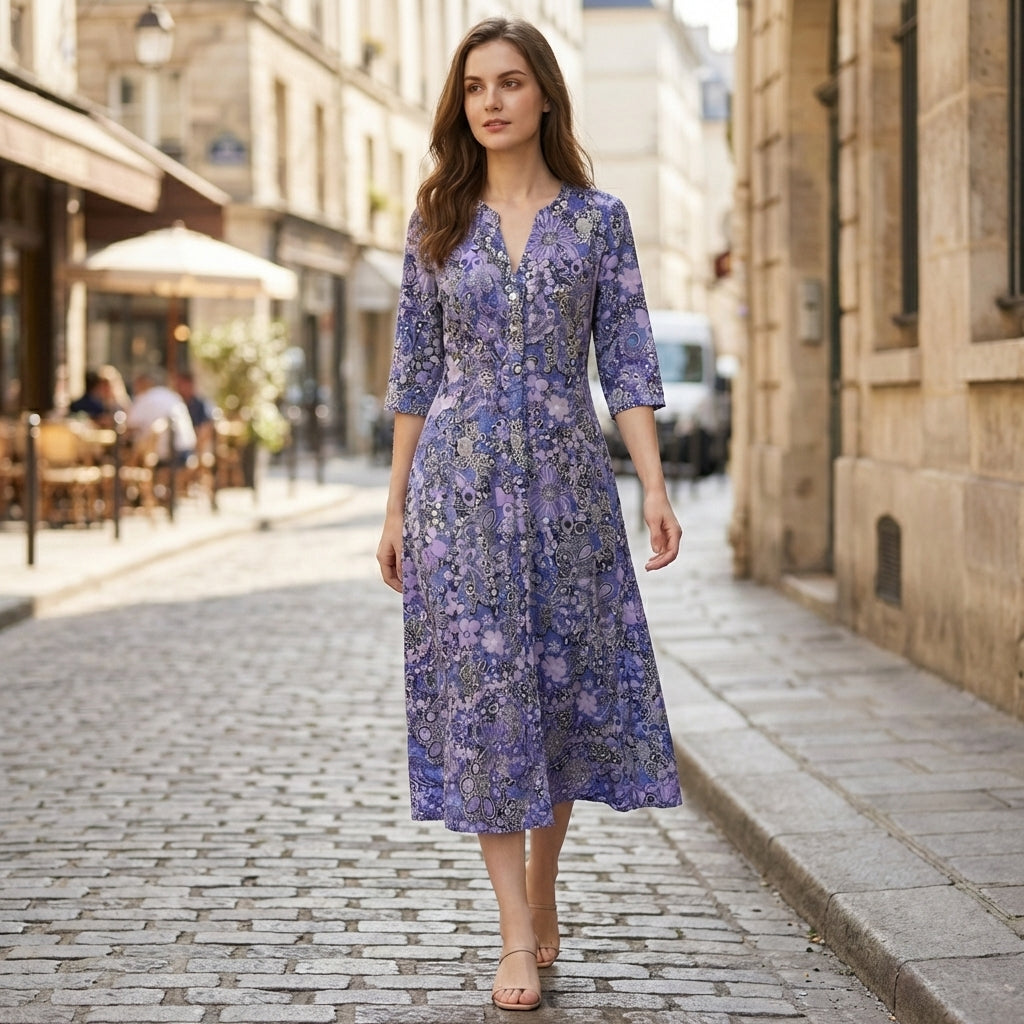 Women’s V Neck Midi Dress – Three Quarter Sleeve Printed