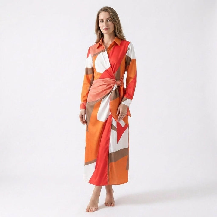 Women’s Wrap Midi Dress – Long Sleeve Tie Waist