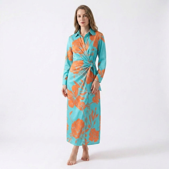 Women’s Wrap Midi Dress – Long Sleeve Tie Waist